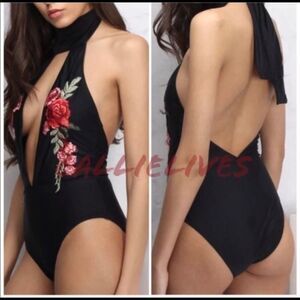 HOST PICK Callie Lives Black Embroidered Rose Swimsuit Sz M